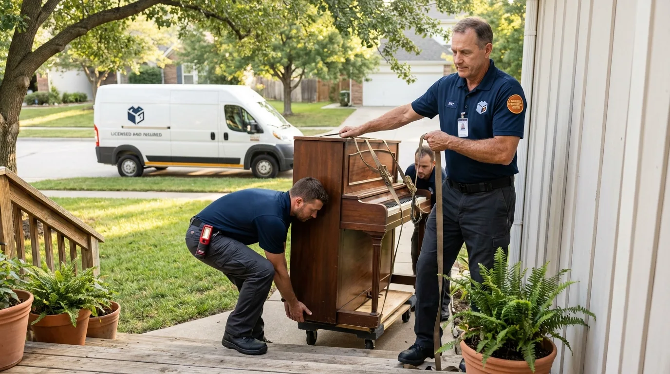 Licensed piano movers securing grand piano in North Vernon, IN