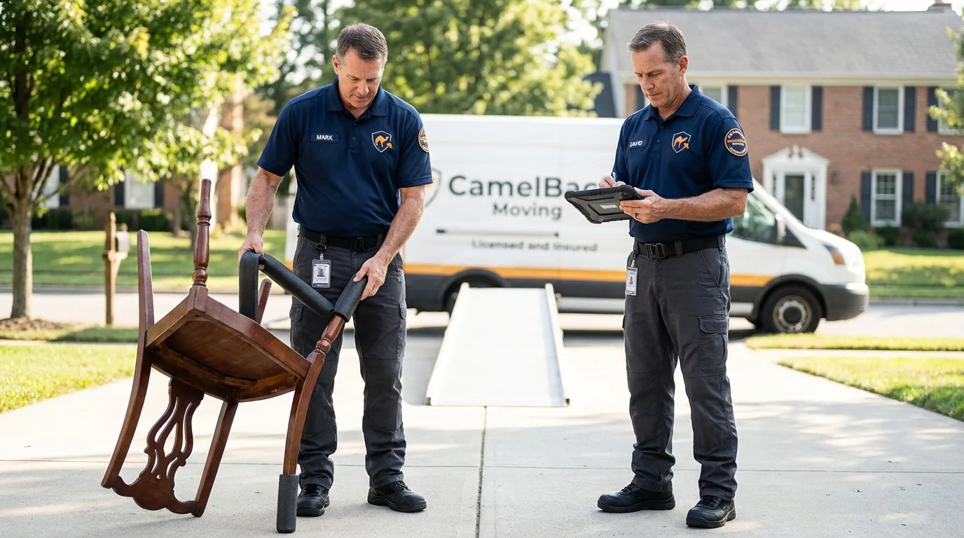 Movers inspecting furniture for damage prevention before loading in North Vernon, IN