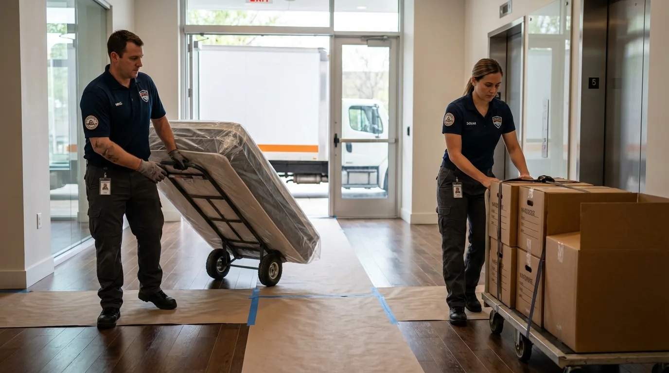 Professional apartment movers loading elevator in North Vernon, IN