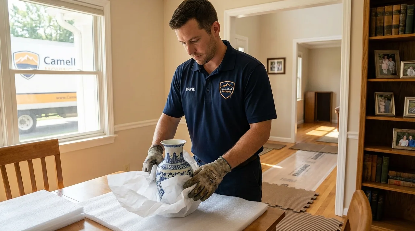 Professional crew carefully wrapping antique vase for senior downsizing move in North Vernon, IN