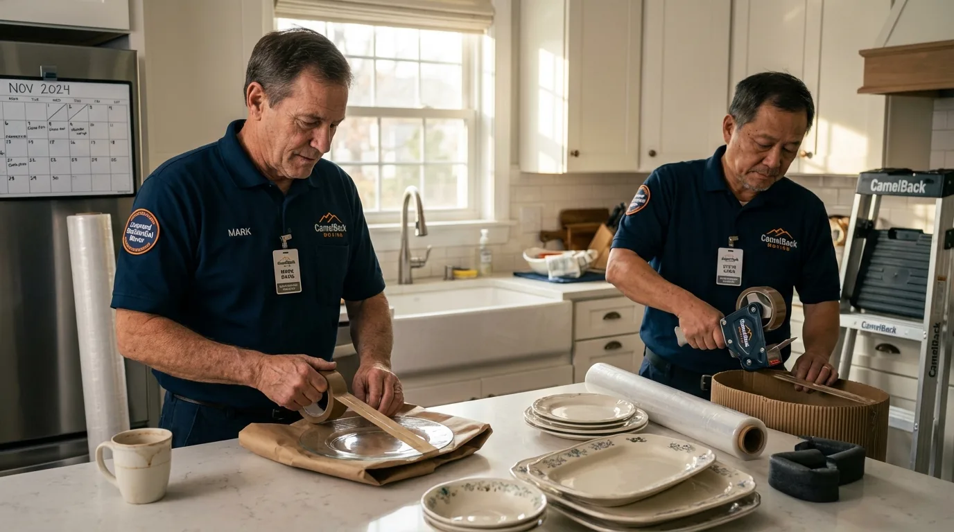 Professional crew packing kitchen dishware in North Vernon, IN